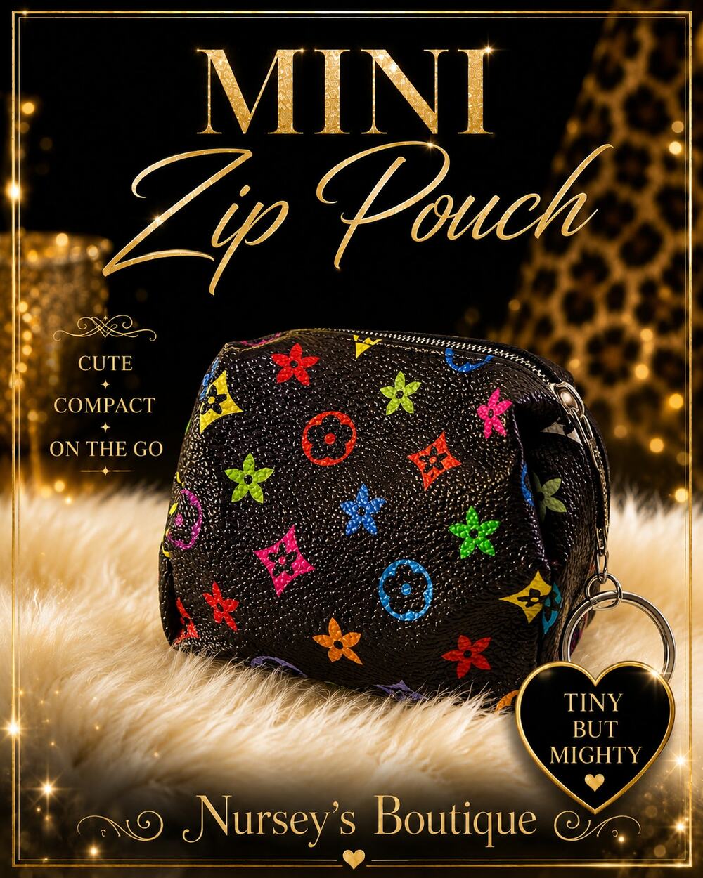 Black Multicolor Style Mini Zip Coin Pouch Keychain